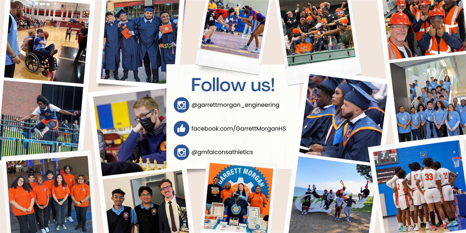 A collage with photos of students surrounds the school's social media handles. A collage with photos of students surrounds the school's social media handles.